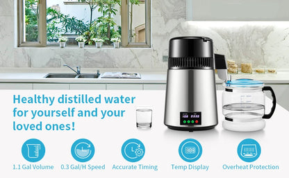 SucceBuy 4L Water Distiller Purifier Filter 1 L/H Distilling Speed Dispenser Drinking Bottle Softener Touch Screen Home Use