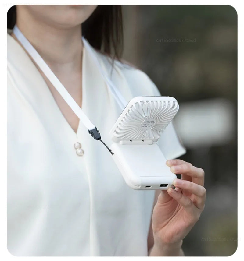 Portable Folding Electric Fan 3-in-1 Mini Handheld Cooling Fan Handheld with Power Bank Makeup Mirror Student Small Fan Outdoor