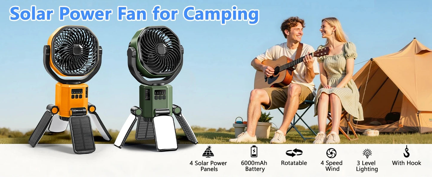 Eary Outdoor Camping Solar Fan 6000mAh Battery Powered Tent Camp Fan With Light 4 Speed Wind Adjustable Summer Air Cooling Fan