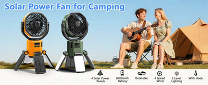Eary Outdoor Camping Solar Fan 6000mAh Battery Powered Tent Camp Fan With Light 4 Speed Wind Adjustable Summer Air Cooling Fan