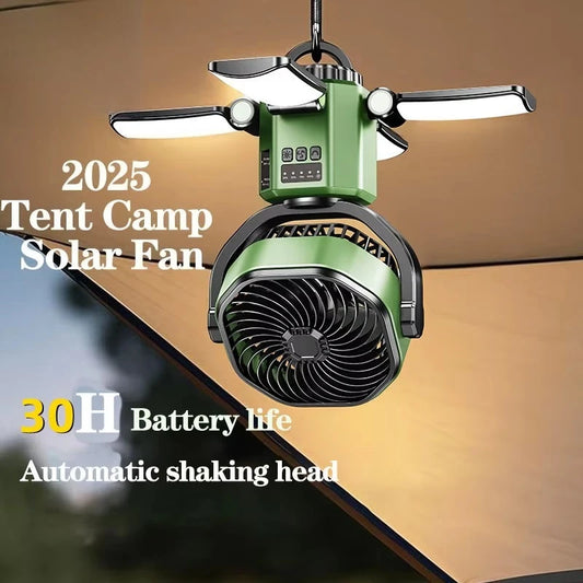 Eary Camping Solar Fan With 6000mAh Battery Powered Tent Camp Fan With Light 4 Speed Wind Adjustable Air Cooling Fan For Outdoor