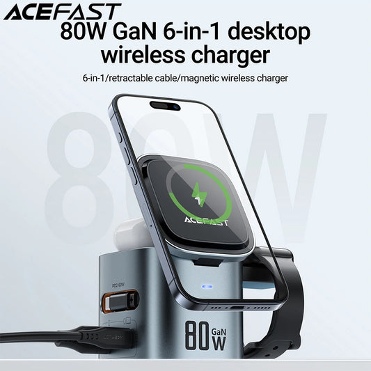 ACEFAST 6 in 1 Multifunction 15W Magnetic Wireless Charging Station For iPhone 16 15 GaN PD65W Charging Cube USB C Fast Charging