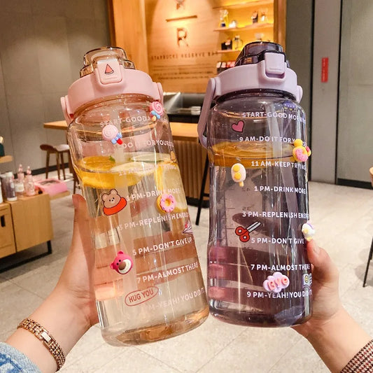 2L Sports Water Bottle with Straw Portable Large Capacity Water bottles Fitness Bike Cup Summer Cold Water Jug with Time Marker