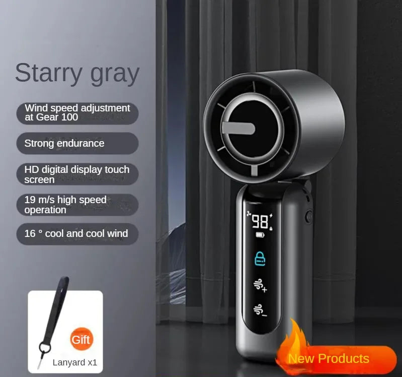Handheld Fan Charging Portable Mini Fan Long Battery Life USB Digital Display 100-speed Handheld High-Speed Turbofan