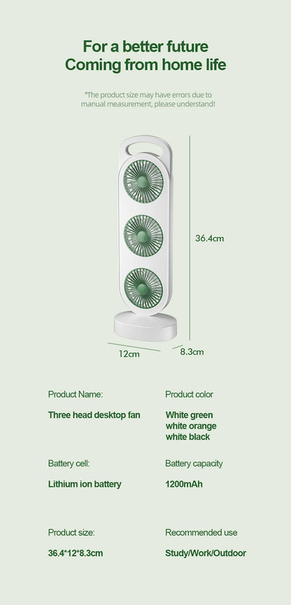 Desktop Fan With Three Air Outlets Usb Charging Adjustable High Wind Power Convenient Cooling Equipment For Outdoor Camping