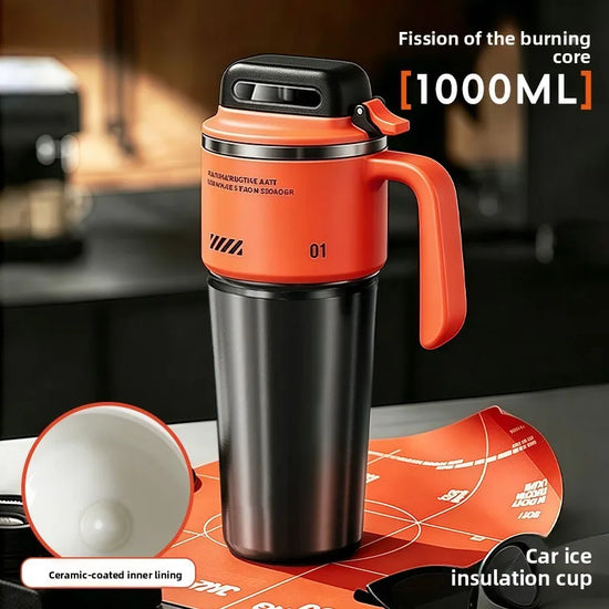 1L 304 Stainless Steel Insulated Water Bottle with Straw, One Touch Flip Lid Vacuum Thermos Mug with Handle for Car Travel Home