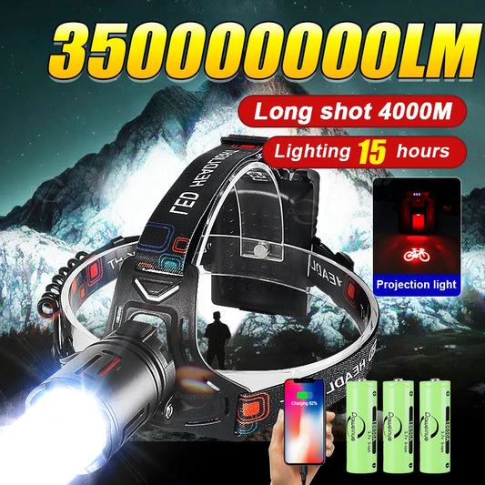 350000000 Ultra Powerful LED Headlamp Super Bright 4000M Head Flashlight Rechargeable Head Torch Fishing Hunting Headlight 18650