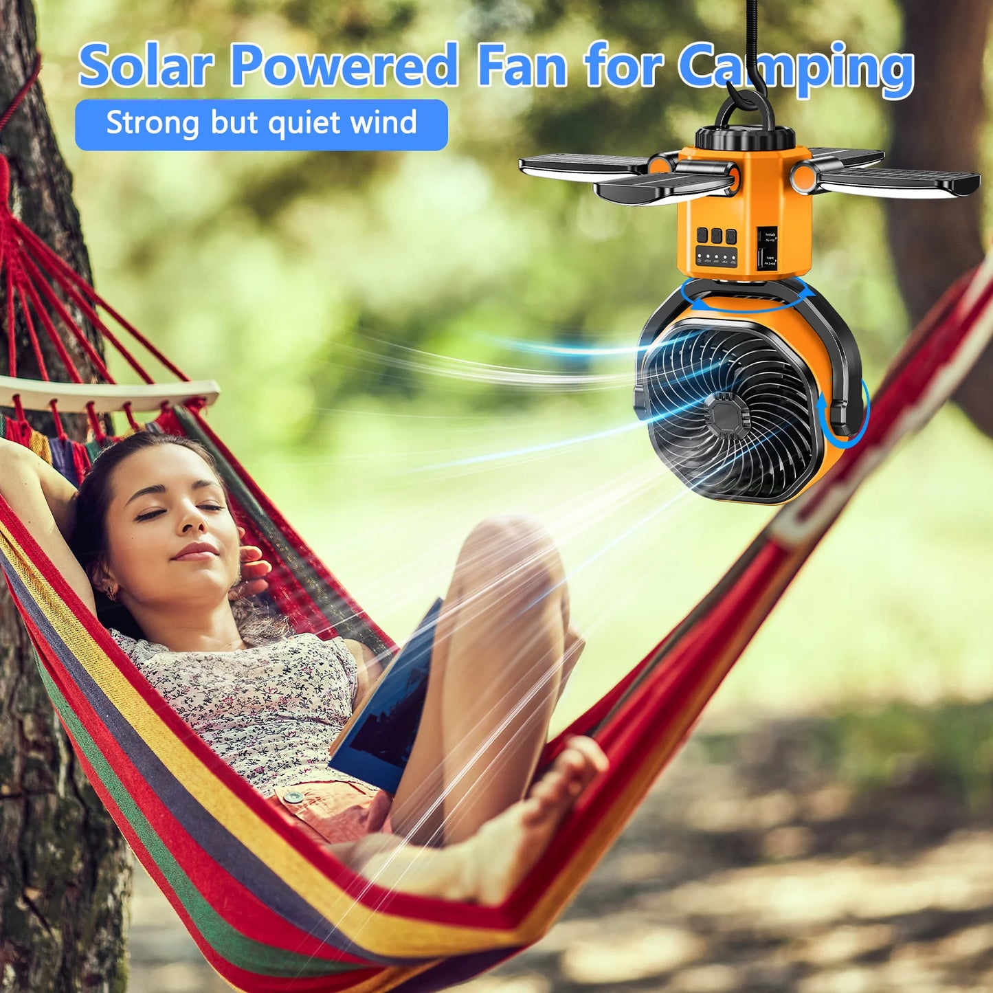 Eary Outdoor Camping Solar Fan 6000mAh Battery Powered Tent Camp Fan With Light 4 Speed Wind Adjustable Summer Air Cooling Fan