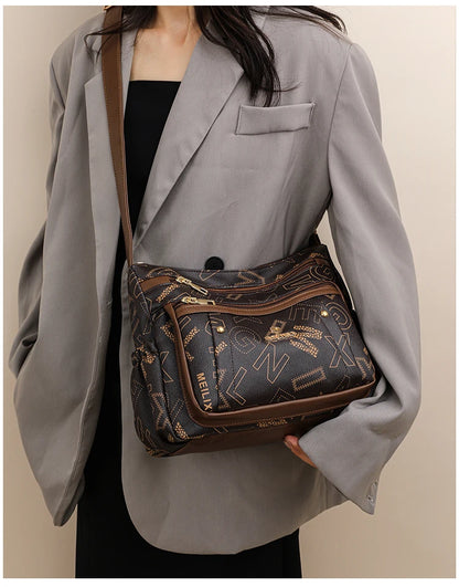 Ladies Middle-Aged Bag Large Capacity printed Work Clothing Soft Leather Multi-Pocket Cross-Body Bag Retro Shoulder Bag