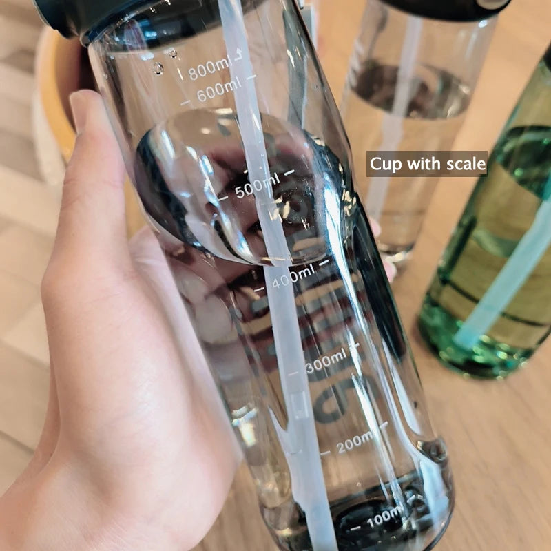 800ml Sports Water Bottle with Straw Plastic Water Bottles with Scale Leak Proof Drinking Bottles For Outdoor BPA Free Drinkware