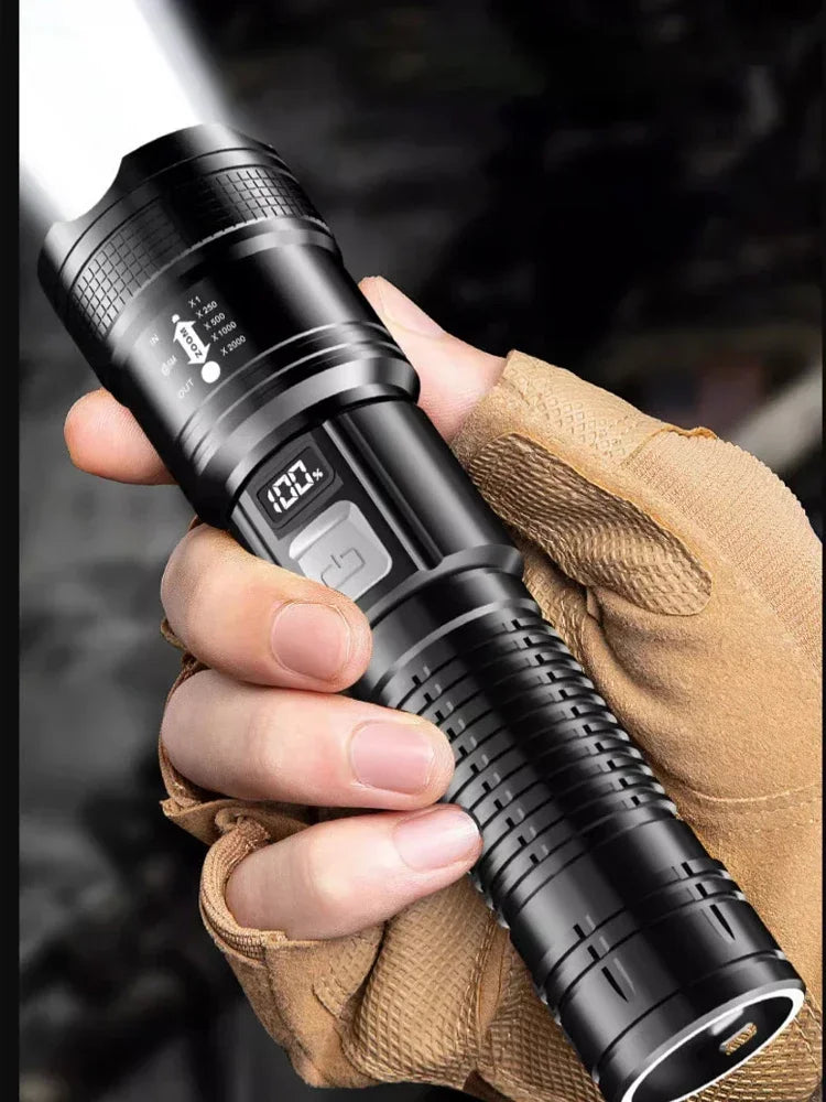 High Strong Power Led Flashlights 300000LM Tactical Torch with Display Light USB Charging Camping Fishing Defense Zoom Lantern