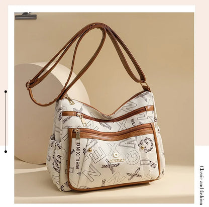 Ladies Middle-Aged Bag Large Capacity printed Work Clothing Soft Leather Multi-Pocket Cross-Body Bag Retro Shoulder Bag