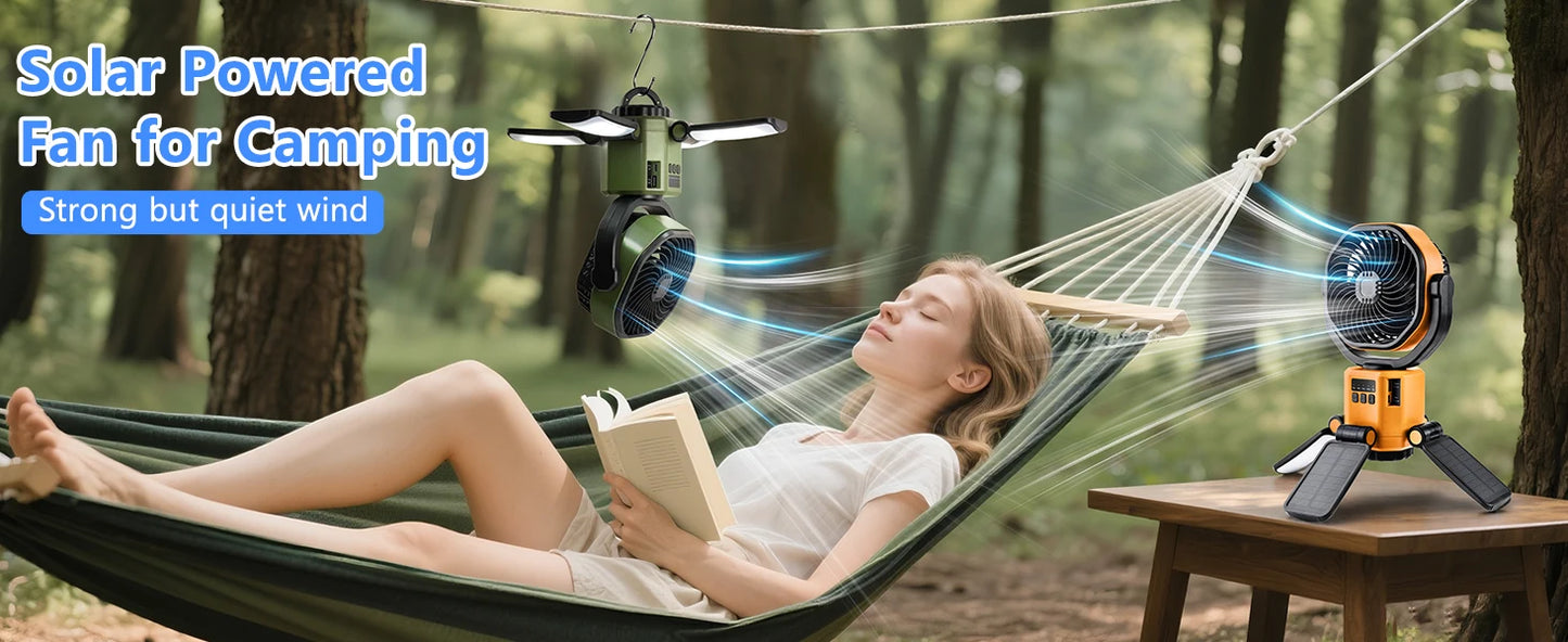 Eary Outdoor Camping Solar Fan 6000mAh Battery Powered Tent Camp Fan With Light 4 Speed Wind Adjustable Summer Air Cooling Fan