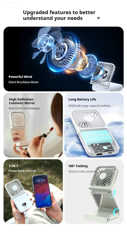 Portable Folding Electric Fan 3-in-1 Mini Handheld Cooling Fan Handheld with Power Bank Makeup Mirror Student Small Fan Outdoor