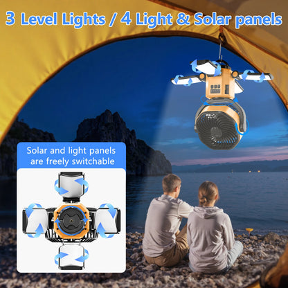 Eary Outdoor Camping Solar Fan 6000mAh Battery Powered Tent Camp Fan With Light 4 Speed Wind Adjustable Summer Air Cooling Fan
