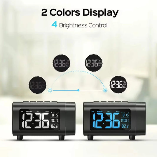 2025 Radio Projection Alarm Clock Digital Alarm Clock Bedroom Temperature Monitor 4-Level Dimmer 12/24H Table Mute Alarm Clock