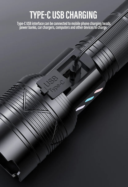 Super Bright 60W LED Flashlight with Power Bank Function, Rechargeable Telescopic Zoom Torch, 5 Modes, IP64,for Hunting/Camping