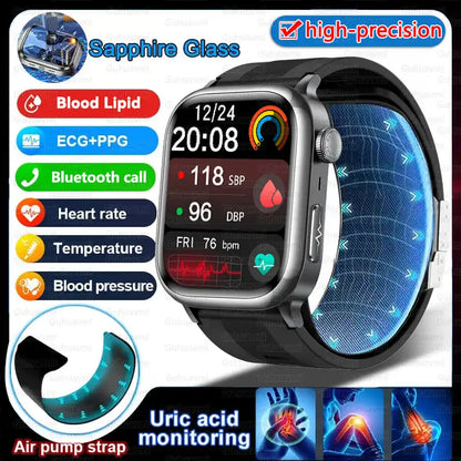 2025 New High-end Air Pump Lipid Smart Watch Men ECG+PPG Precise Blood Pressure Heart Rate BT Call NFC  Health Watches