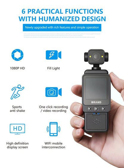 1080P Handheld Sports Pocket Camera HD Display 180° Rotatable WiFi Wireless Video Recorder Built-in Fill Light Motion Camera