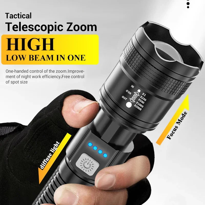 High Strong Power LED Flashlights 2000LM Tactical Torch with Display Light USB Charging.