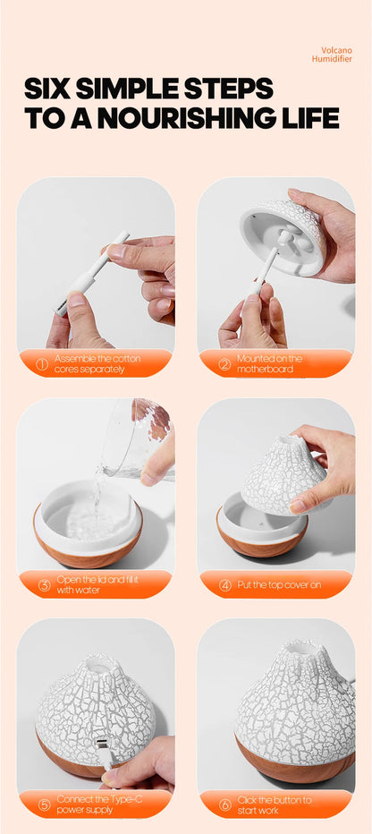 Volcano Air Humidifier 300ml Desktop USB Water Mist Diffuser Purifier Air Freshener Nebulizer with Colorful Ambient Night Light