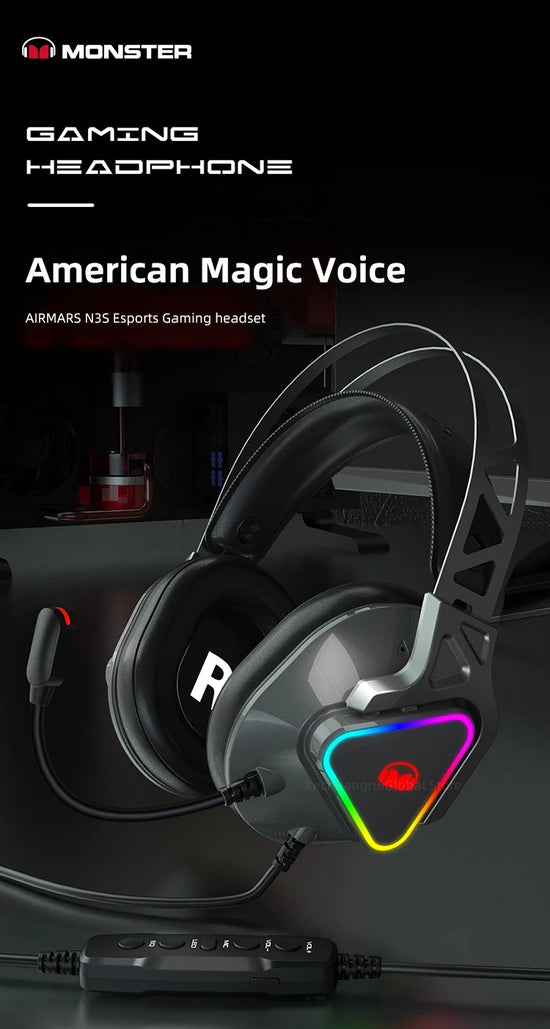 Monster N3S ENC Headset Gamers RGB LED Light Noise Cancelling Stereo Gaming Headphones with Mic Casque 7.1 Magic sound Earphones