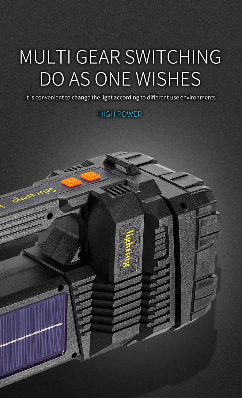 High Power Hand Lamp Solar Energy USB Rechargeable LED Flashlight Outdoor Camping Floodlight Emergency Power Torch Warning Light