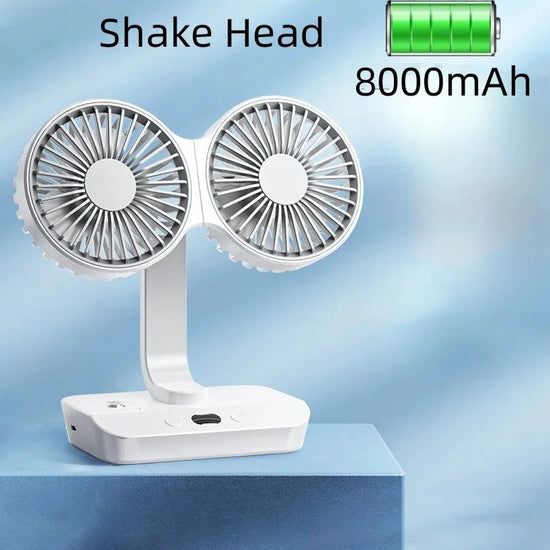 Double Head Desktop Fan 4 Speed Fast Cooling 8000mAh Digital Display Adjustable Direction Shaking Household