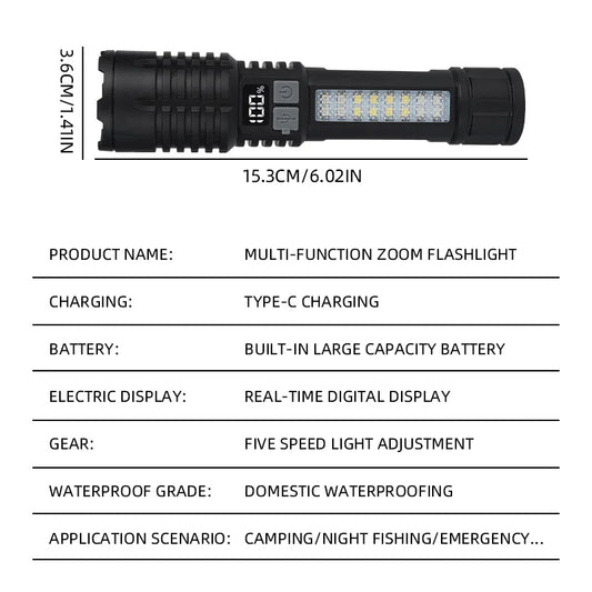 High Strong Power Led Flashlights Tactical Emergency Spotlights Telescopic Zoom Built-in Battery USB Rechargeable Camping Torch