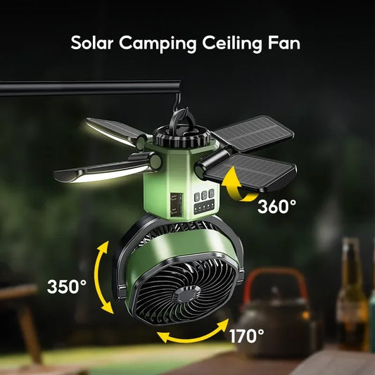 Eary Camping Solar Fan With 6000mAh Battery Powered Tent Camp Fan With Light 4 Speed Wind Adjustable Air Cooling Fan For Outdoor