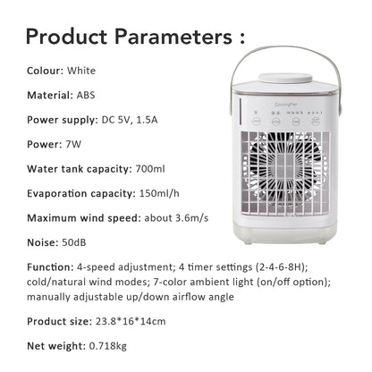 Portable Air Conditioner with Colorful Atmosphere Light Water Cooling Fan USB Table Fan 700ml Water Tank Desktop Fan Humidifier