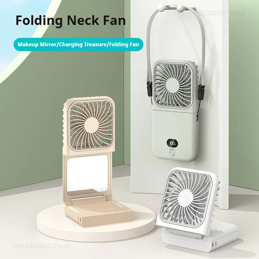 Portable Folding Electric Fan 3-in-1 Mini Handheld Cooling Fan Handheld with Power Bank Makeup Mirror Student Small Fan Outdoor