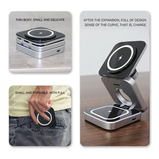Magnetic Wireless Charging Station Foldable 3-in-1  for iPhone 12~15 Series AirPods  iWatch Portable Travel Charger