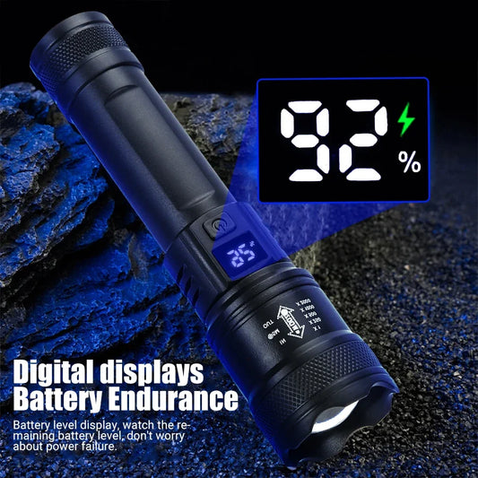 High Strong Power LED Flashlights 2000LM Tactical Torch with Display Light USB Charging.