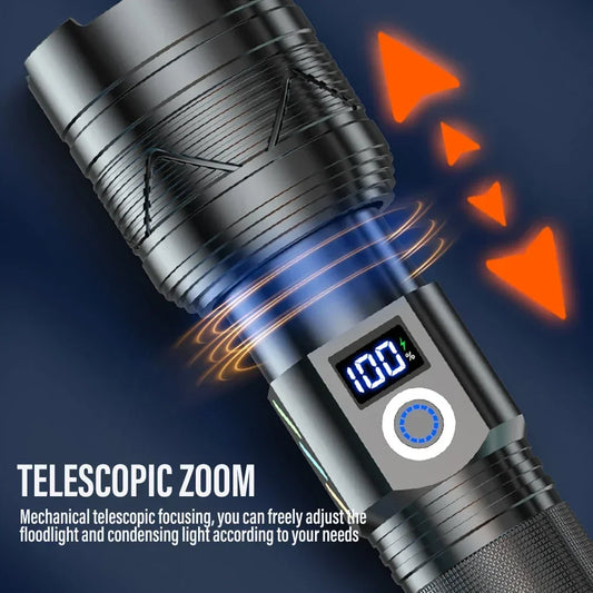 Super Bright 60W LED Flashlight with Power Bank Function, Rechargeable Telescopic Zoom Torch, 5 Modes, IP64,for Hunting/Camping