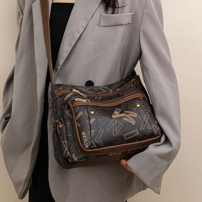 Ladies Middle-Aged Bag Large Capacity printed Work Clothing Soft Leather Multi-Pocket Cross-Body Bag Retro Shoulder Bag
