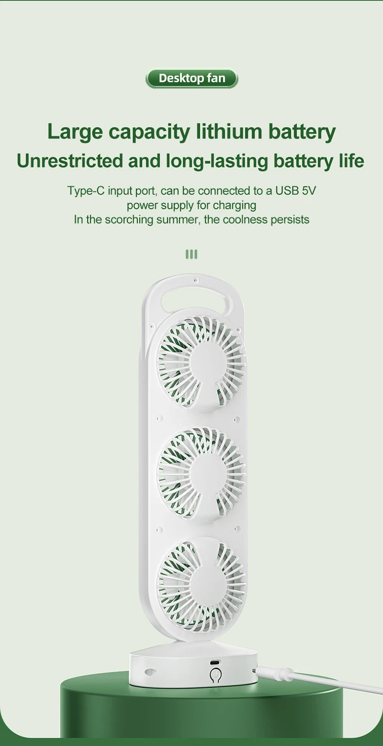 Desktop Fan With Three Air Outlets Usb Charging Adjustable High Wind Power Convenient Cooling Equipment For Outdoor Camping