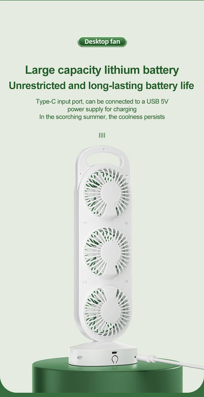 Desktop Fan With Three Air Outlets Usb Charging Adjustable High Wind Power Convenient Cooling Equipment For Outdoor Camping