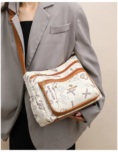 Ladies Middle-Aged Bag Large Capacity printed Work Clothing Soft Leather Multi-Pocket Cross-Body Bag Retro Shoulder Bag