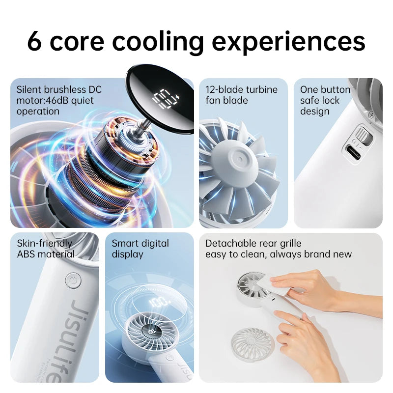 JISULIFE Handheld Fan,5 Levels of Strong Wind,Safety Lock,5000mAh Battery,LED Display,USB Rechargeable,Summer Personal Fan