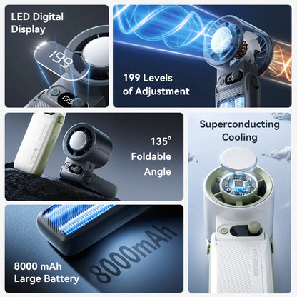 Portable Handheld fan Strong Wind 199 Gear Wind speed LED Digital Display Adjustable Turbo Portable Outdoor Handheld 8000mAh