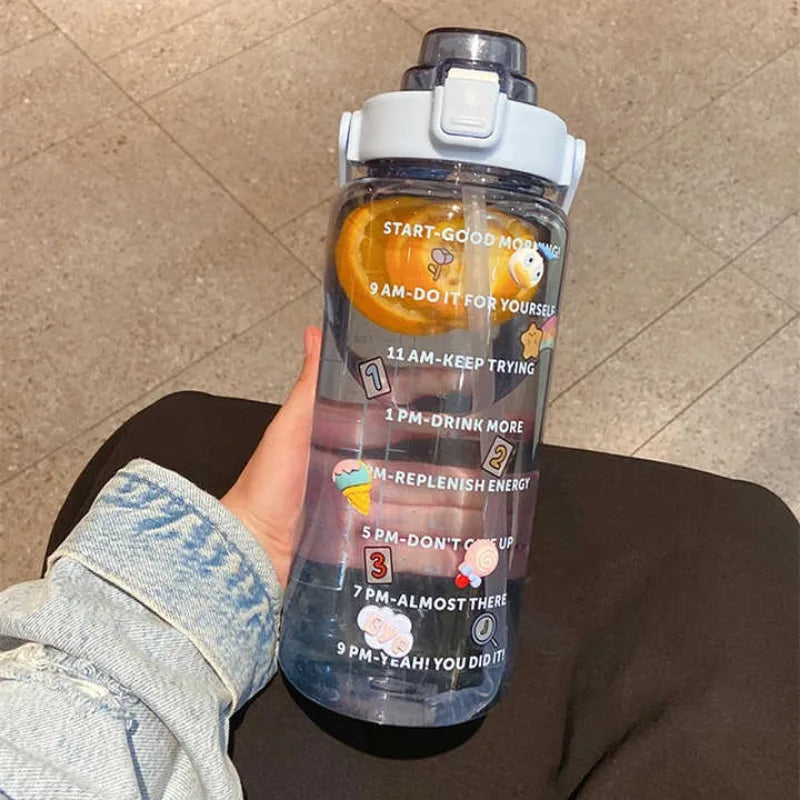 2L Sports Water Bottle with Straw Portable Large Capacity Water bottles Fitness Bike Cup Summer Cold Water Jug with Time Marker