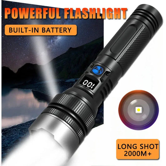 Super Bright LED Portable Flashlight USB Rechargeable Torch with Built-in Battery High Lumen Outdoor Waterproof Camping Lantern