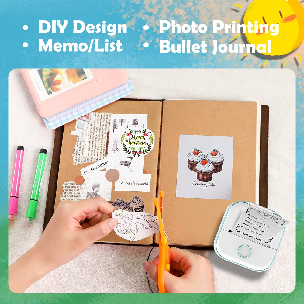 T02 Portable Printer Phomemo Mini Sticker Printer Self-adhesive Labels Inkless Sticker Printer for Journal, Notes, Photo, DIY