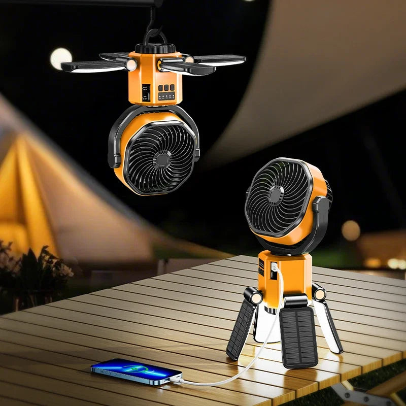 Eary Camping Solar Fan With 6000mAh Battery Powered Tent Camp Fan With Light 4 Speed Wind Adjustable Air Cooling Fan For Outdoor