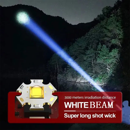 Super Bright 60W LED Flashlight with Power Bank Function, Rechargeable Telescopic Zoom Torch, 5 Modes, IP64,for Hunting/Camping