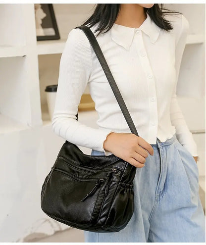 Washed leather women's bag 2024 European and American retro shoulder bag versatile large-capacity crossbody bag PU soft leather