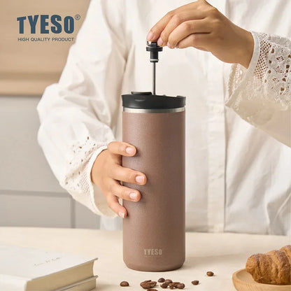 Tyeso French Press Thermoses Travel Mug 304 Stainless Steel Portable Cold Brew Coffee Maker Tea Infuser Double-Wall Insulated