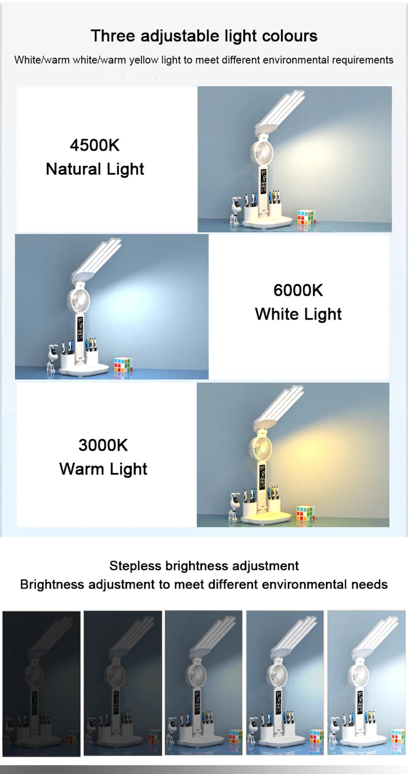 Rechargeable Table Lamp for Study, Desk Lamp Reading Light Led Table Light with Fan, Led Clock Dispaly Reading Lamp