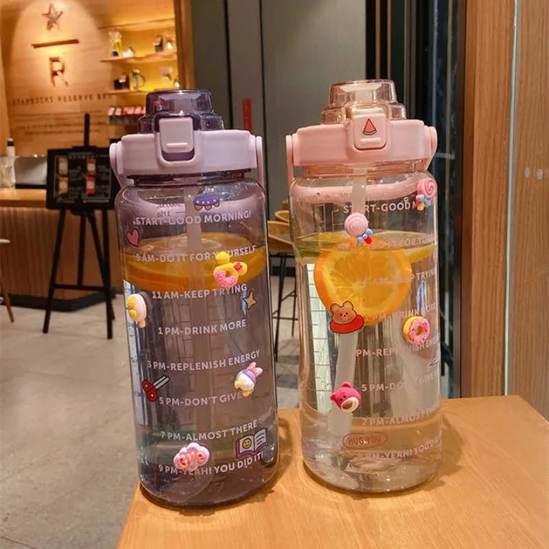 2L Sports Water Bottle with Straw Portable Large Capacity Water bottles Fitness Bike Cup Summer Cold Water Jug with Time Marker